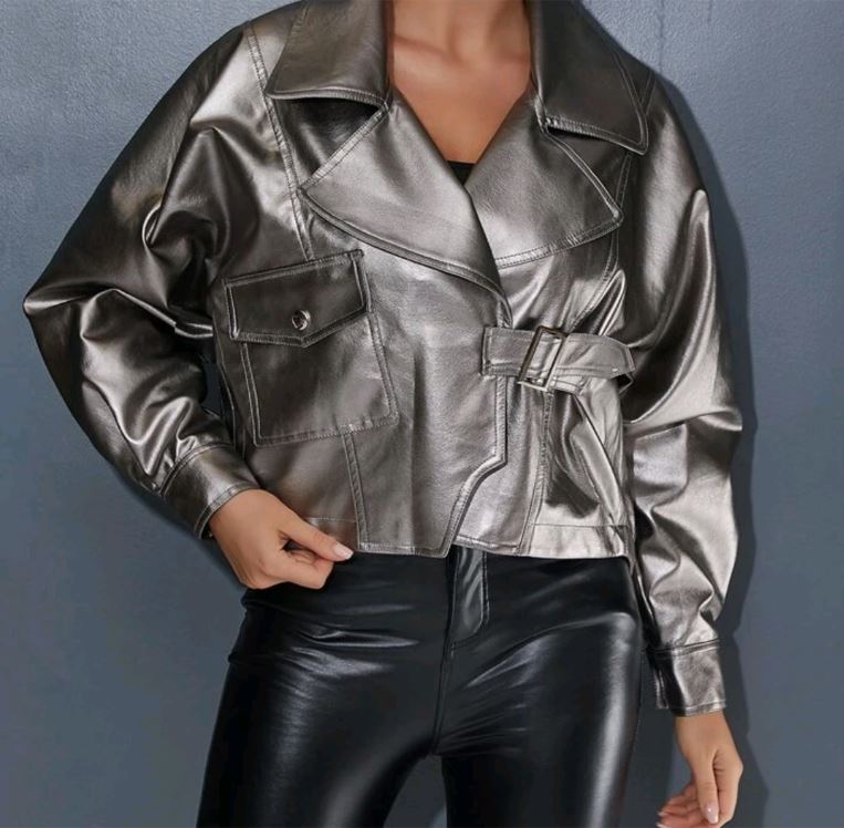 Oversize lederen jacket zilver metalic