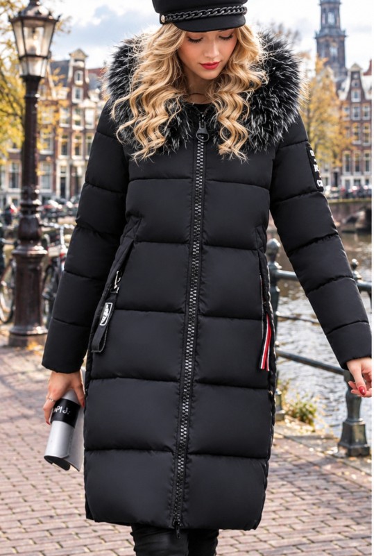 Gewatteerde jas dons jas Zwarte lange winter jas Lange puffer jas