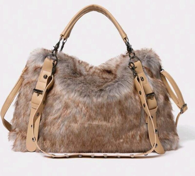 Fluffy schoudertas shopper bruin zandkleur