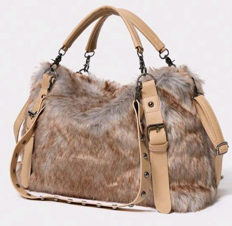 Fluffy schoudertas shopper zandkleur bruin