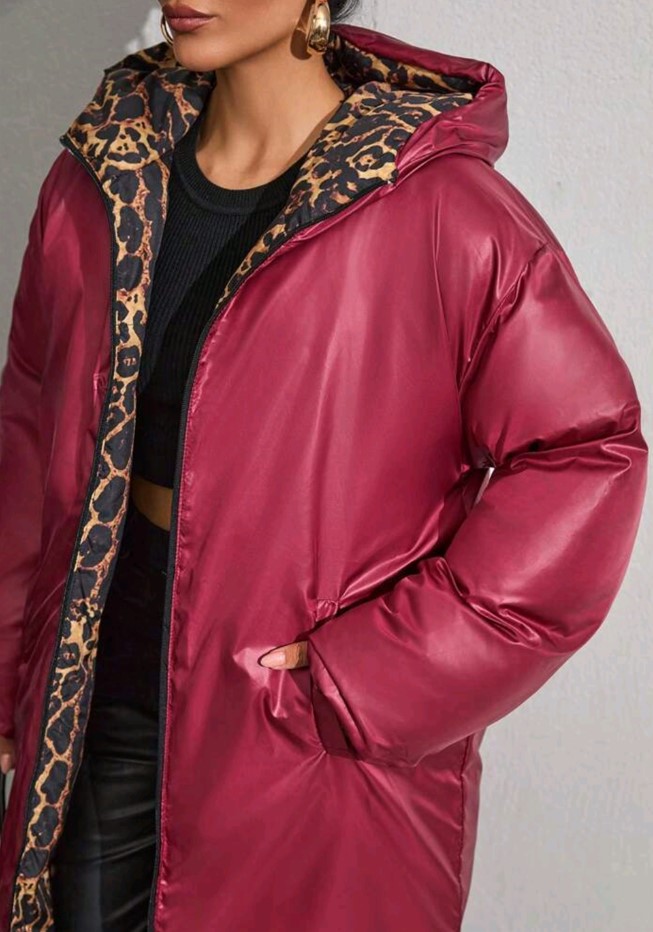 Lange Gewatteerde Puffer Coat Puffer Jacket Print Bordeau