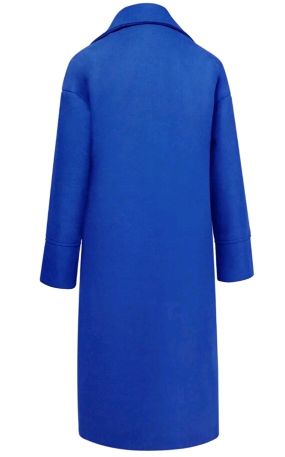 Lange trenchcoat kobaltblauw achterzijde
