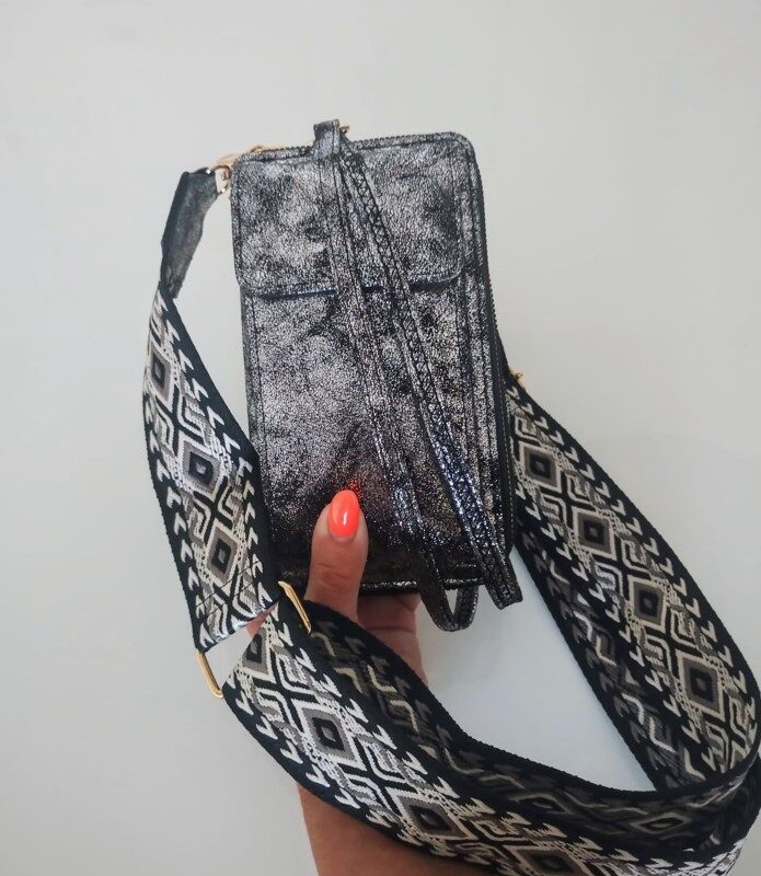 Telefoontasje Phonebag Zwart Zilver met verstelbare tas riem