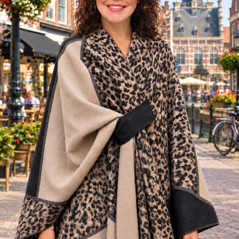 Poncho cape omslagdoek zwart print